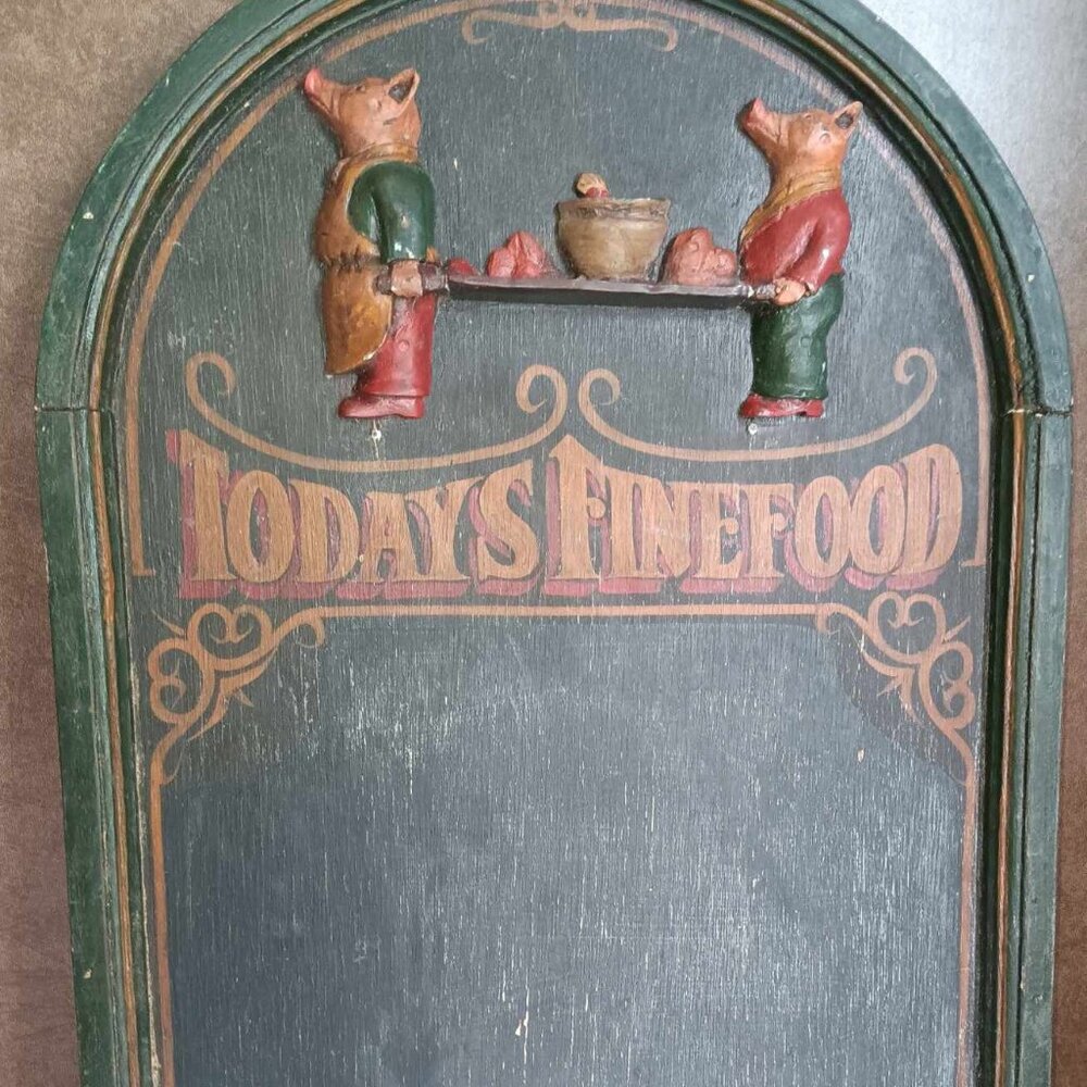 Vintage Wooden Menu Board of Today’s Fine Food Featuring Pigs